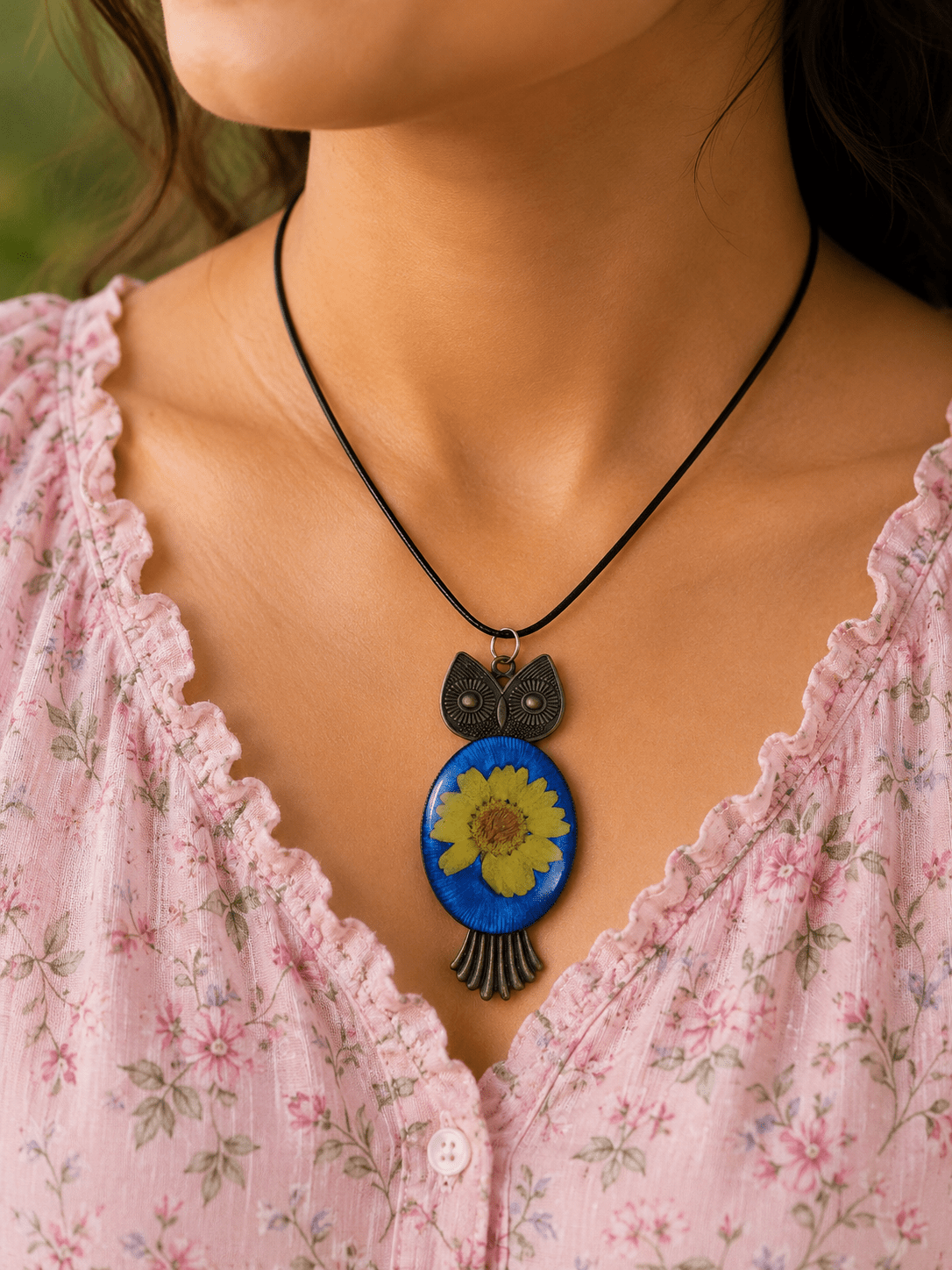 Blue Daisy Dream Owl Pendant - The Artssy Potion