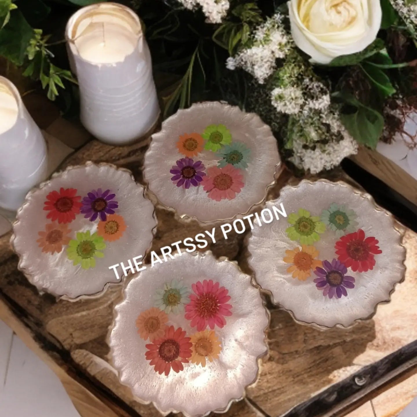 Blush Bloom Resin Coaster set - The Artssy Potion
