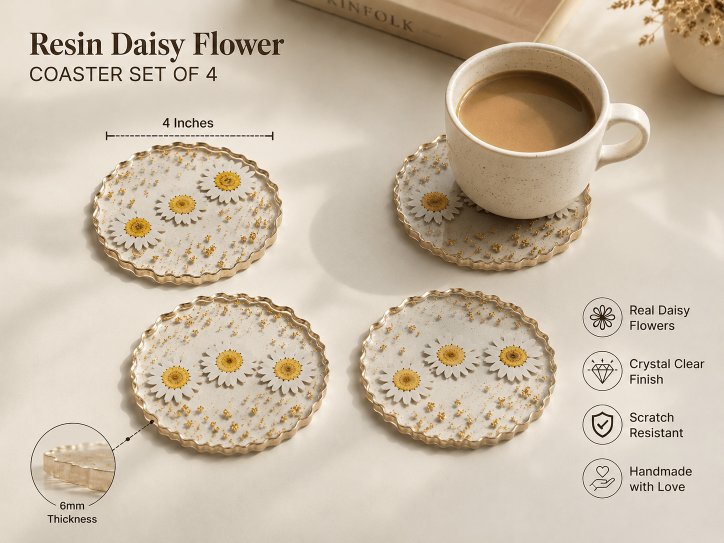 Daisy Bloom Resin coaster set | Handmade | Nature inspired collection | Crystal clear Resin coasters - The Artssy Potion