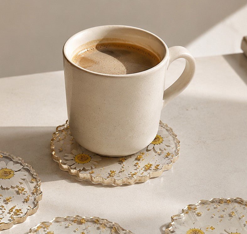 Daisy Bloom Resin coaster set | Handmade | Nature inspired collection | Crystal clear Resin coasters - The Artssy Potion
