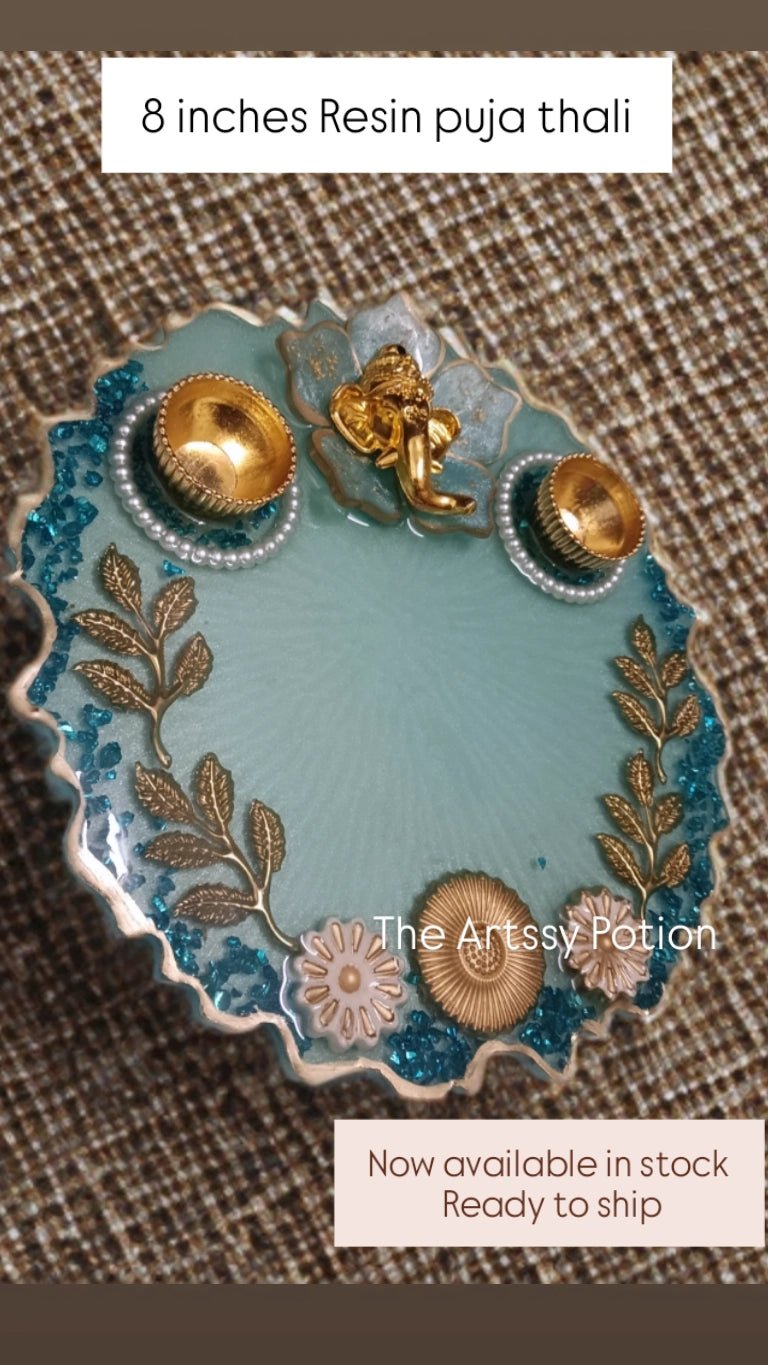 Divine Bloom Ganesha Resin Puja Thali – 8 Inch Multipurpose Handmade Decorative Plate - The Artssy Potion