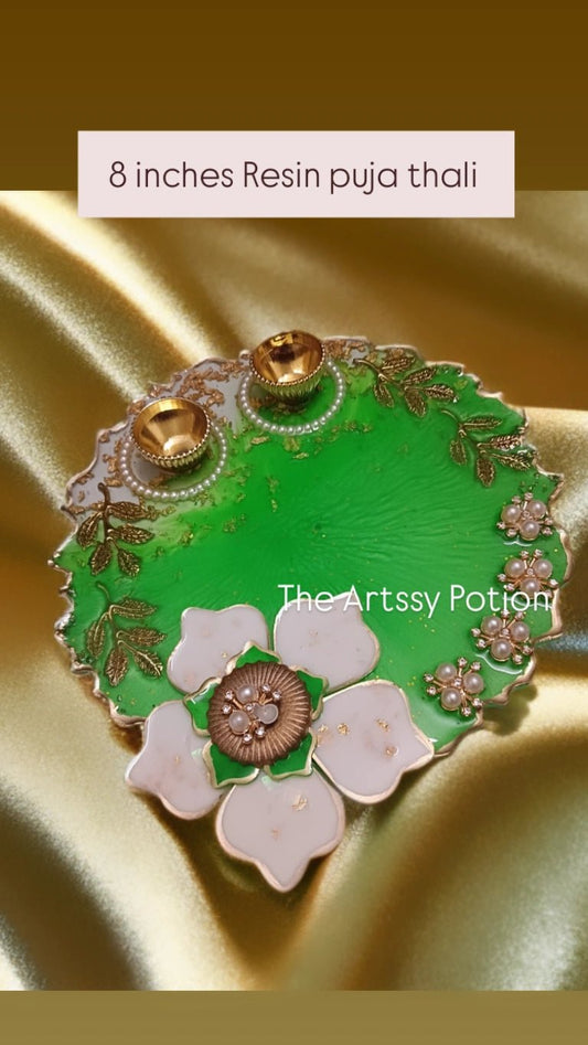 Emerald Bloom Handmade Resin Puja Thali – 8 Inches - The Artssy Potion