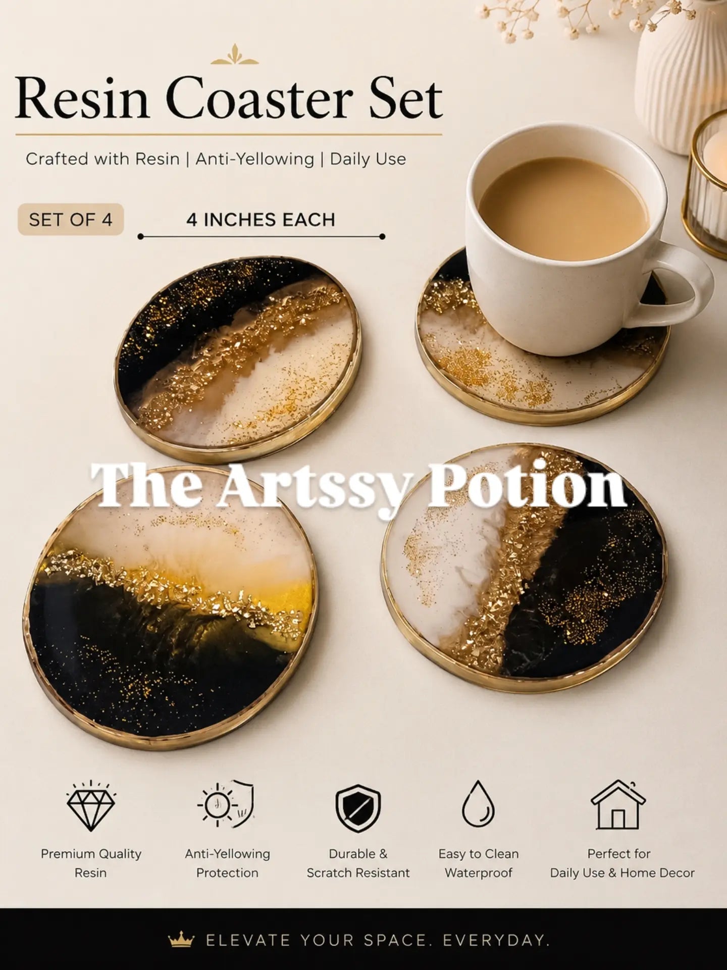 Monochrome Edit | Luxury Table Accessories | Handmade Resin Coaster set Glass Finish - The Artssy Potion