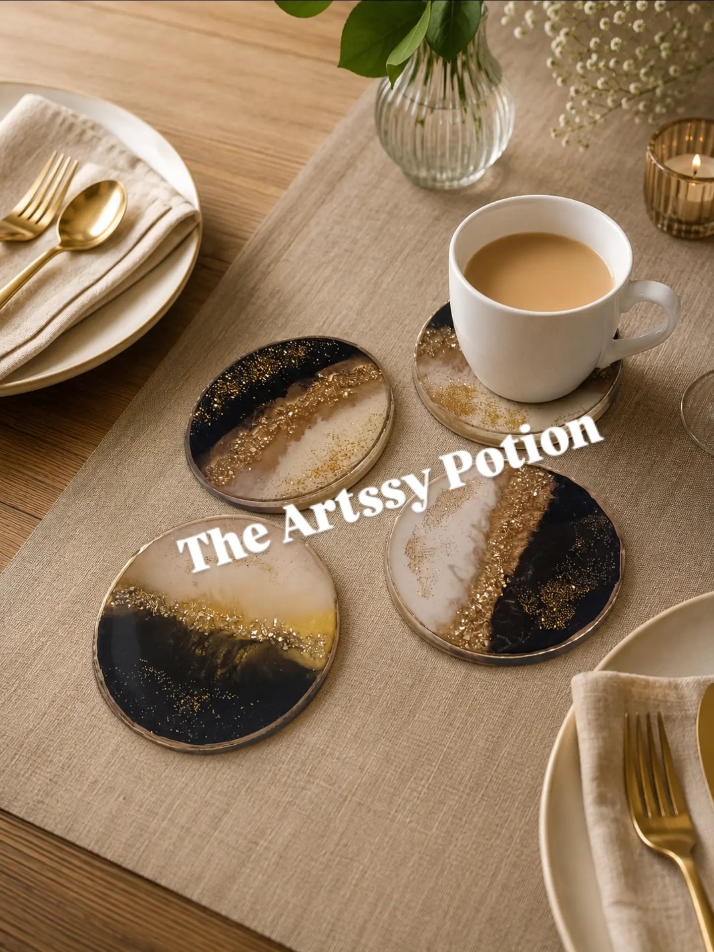 Monochrome Edit | Luxury Table Accessories | Handmade Resin Coaster set Glass Finish - The Artssy Potion